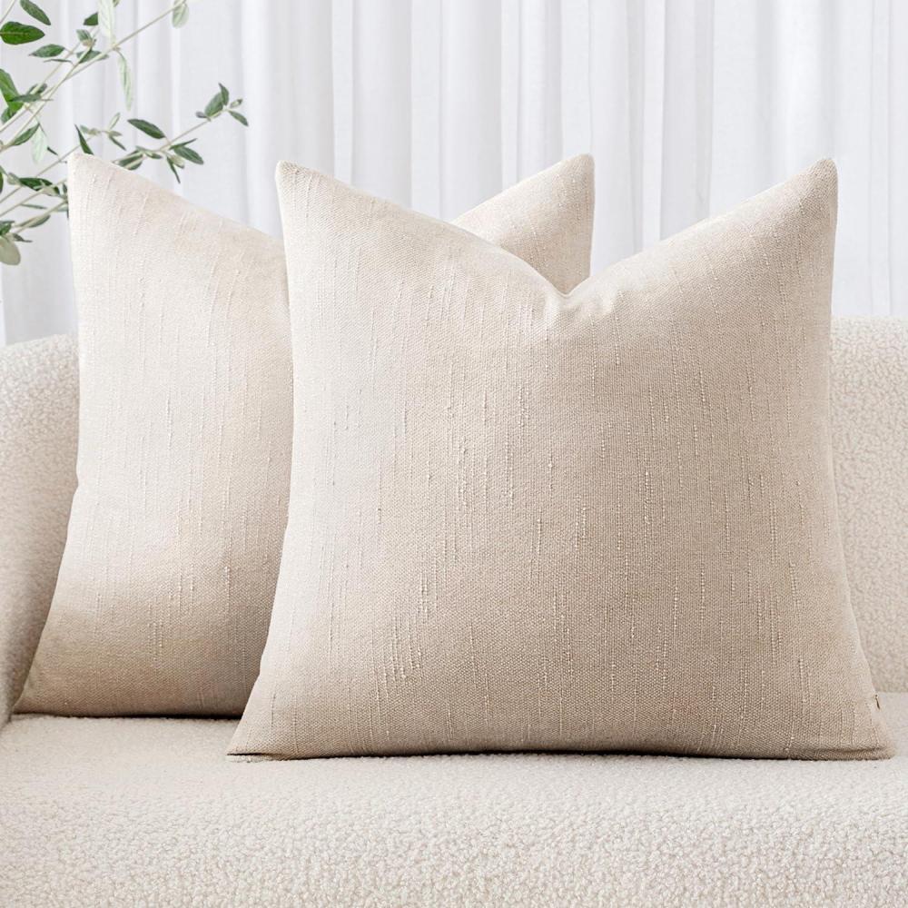 imageMIULEE Pack of 2 Decorative Throw Pillow Covers Soft Chenille Throw Pillows Solid Textured Cushion Covers for Couch Sofa Bedroom Living Room 18x18 Inch BeigeWhite