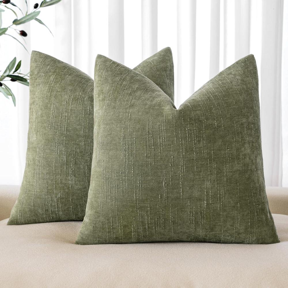 imageMIULEE Pack of 2 Decorative Throw Pillow Covers Soft Chenille Throw Pillows Solid Textured Cushion Covers for Couch Sofa Bedroom Living Room 18x18 Inch BeigeSage Geen
