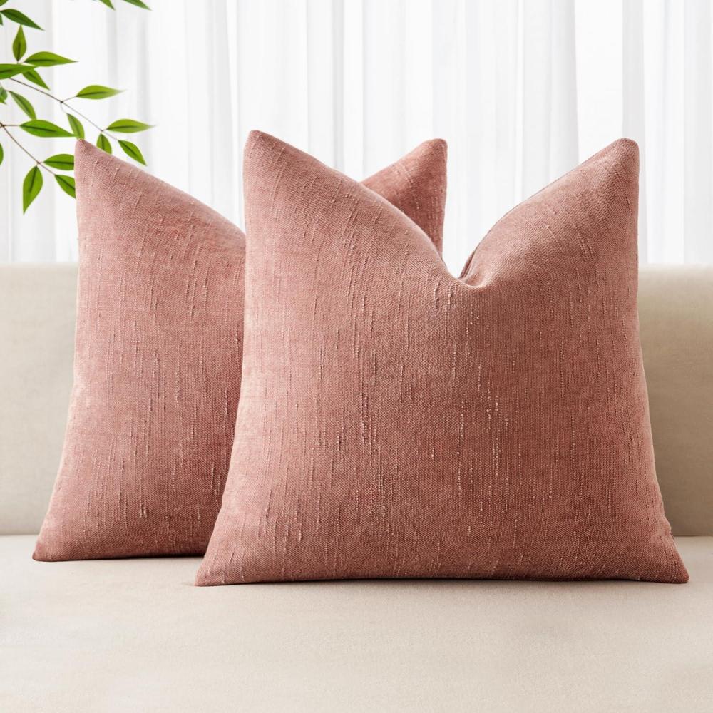 imageMIULEE Pack of 2 Decorative Throw Pillow Covers Soft Chenille Throw Pillows Solid Textured Cushion Covers for Couch Sofa Bedroom Living Room 18x18 Inch BeigeBlush Pink