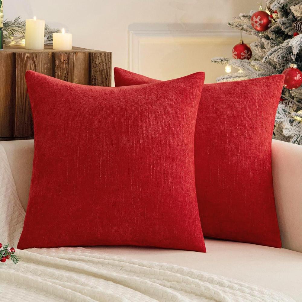 imageMIULEE Pack of 2 Decorative Throw Pillow Covers Soft Chenille Throw Pillows Solid Textured Cushion Covers for Couch Sofa Bedroom Living Room 18x18 Inch BeigeRed