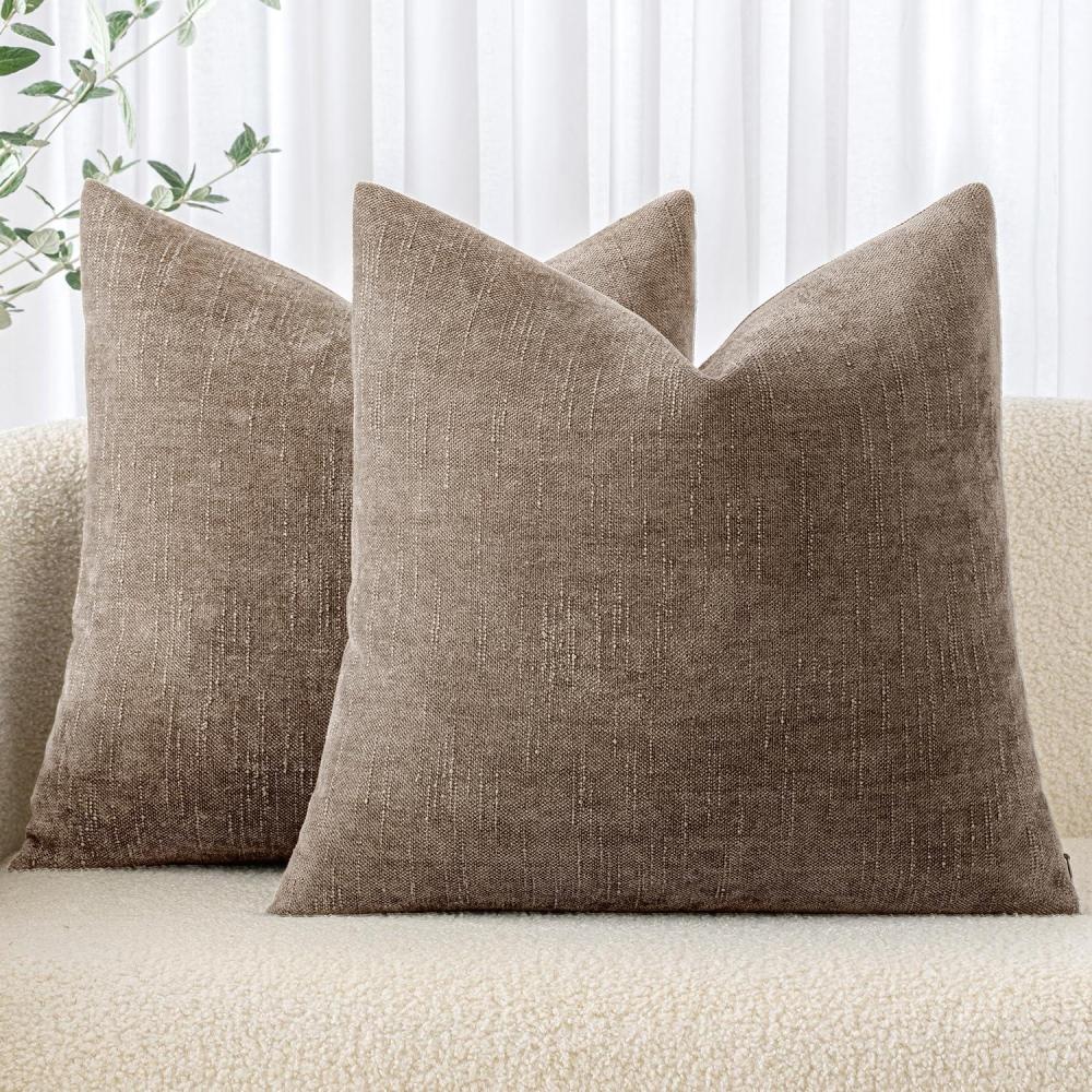 imageMIULEE Pack of 2 Decorative Throw Pillow Covers Soft Chenille Throw Pillows Solid Textured Cushion Covers for Couch Sofa Bedroom Living Room 18x18 Inch BeigeTaupe Grey