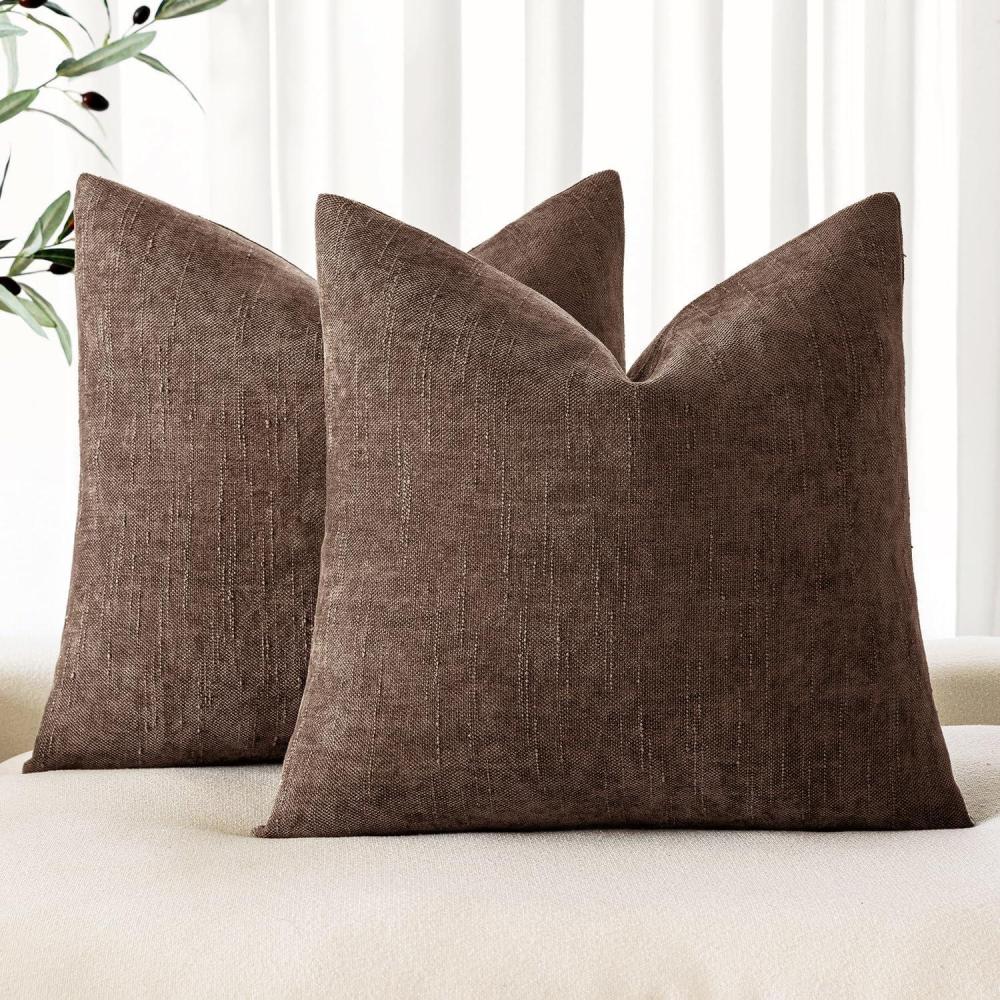 imageMIULEE Pack of 2 Decorative Throw Pillow Covers Soft Chenille Throw Pillows Solid Textured Cushion Covers for Couch Sofa Bedroom Living Room 18x18 Inch BeigeChocolate