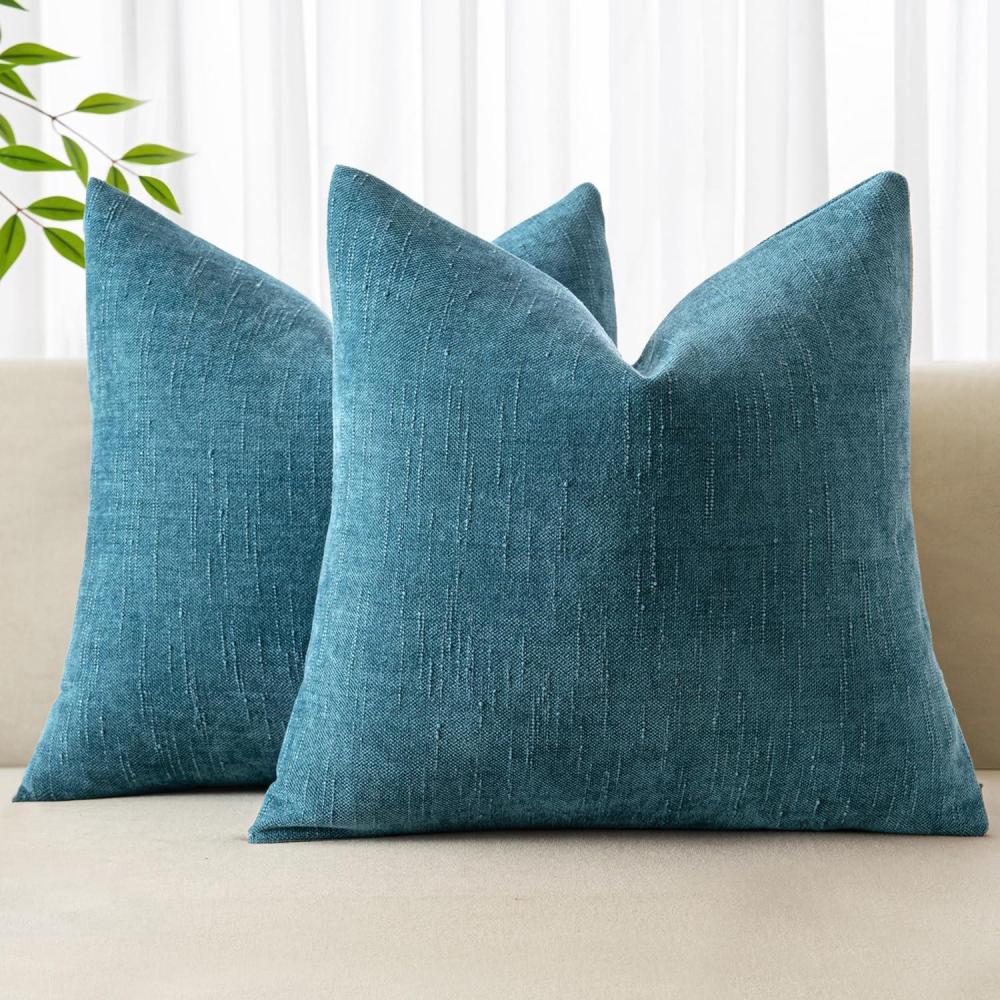 imageMIULEE Pack of 2 Decorative Throw Pillow Covers Soft Chenille Throw Pillows Solid Textured Cushion Covers for Couch Sofa Bedroom Living Room 18x18 Inch BeigeTeal Blue