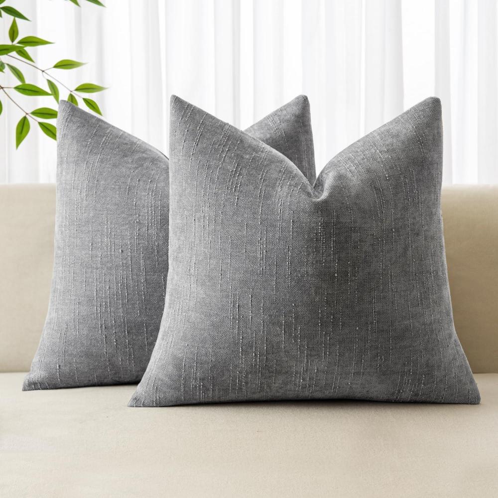 imageMIULEE Pack of 2 Decorative Throw Pillow Covers Soft Chenille Throw Pillows Solid Textured Cushion Covers for Couch Sofa Bedroom Living Room 18x18 Inch BeigeLight Grey