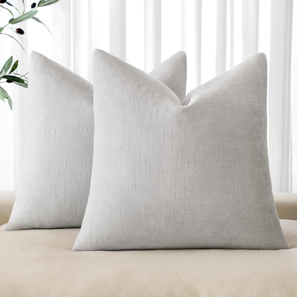 imageMIULEE Pack of 2 Decorative Throw Pillow Covers Soft Chenille Throw Pillows Solid Textured Cushion Covers for Couch Sofa Bedroom Living Room 18x18 Inch BeigeGrey White