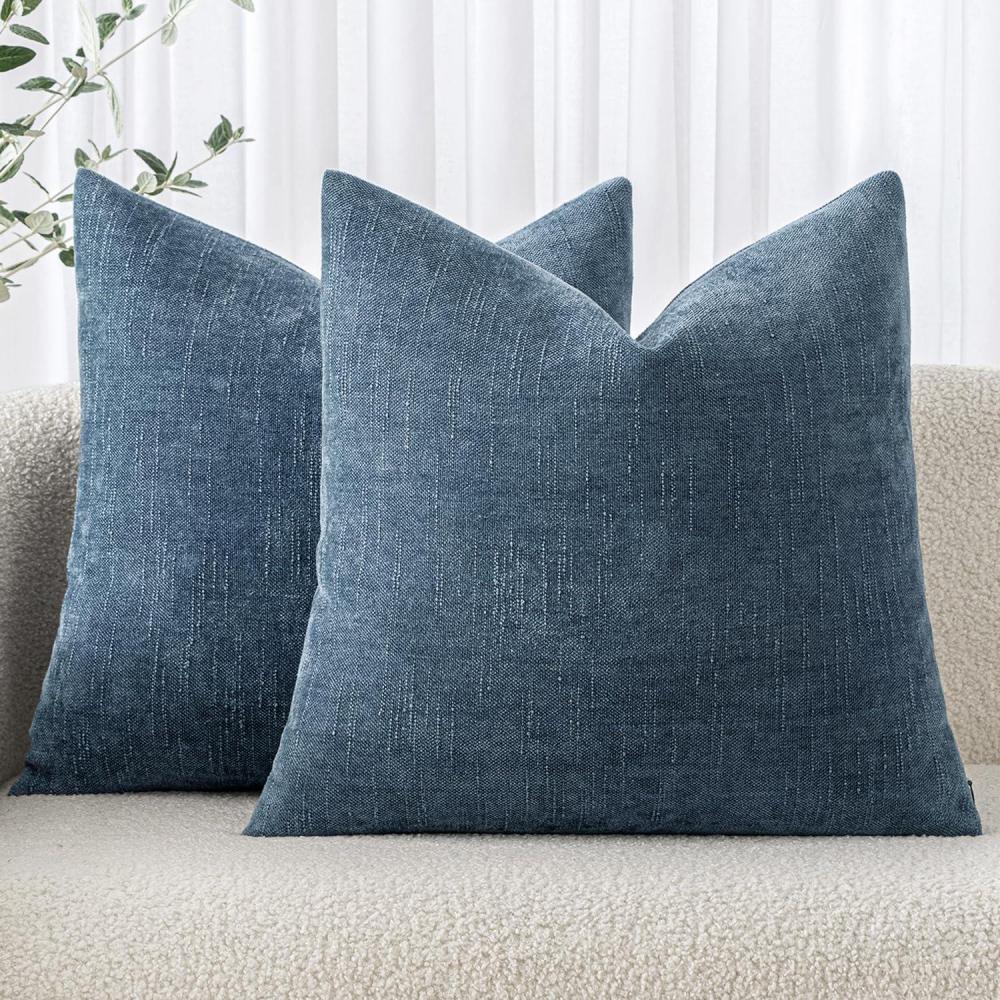 imageMIULEE Pack of 2 Decorative Throw Pillow Covers Soft Chenille Throw Pillows Solid Textured Cushion Covers for Couch Sofa Bedroom Living Room 18x18 Inch BeigeDark Grey Blue