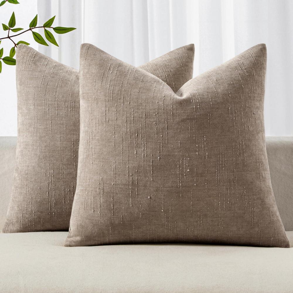 imageMIULEE Pack of 2 Decorative Throw Pillow Covers Soft Chenille Throw Pillows Solid Textured Cushion Covers for Couch Sofa Bedroom Living Room 18x18 Inch BeigeLight Taupe