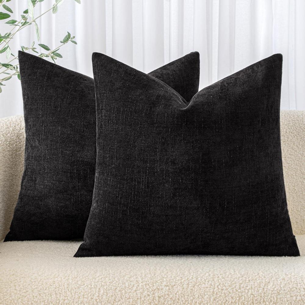 imageMIULEE Pack of 2 Decorative Throw Pillow Covers Soft Chenille Throw Pillows Solid Textured Cushion Covers for Couch Sofa Bedroom Living Room 18x18 Inch BeigeBlack