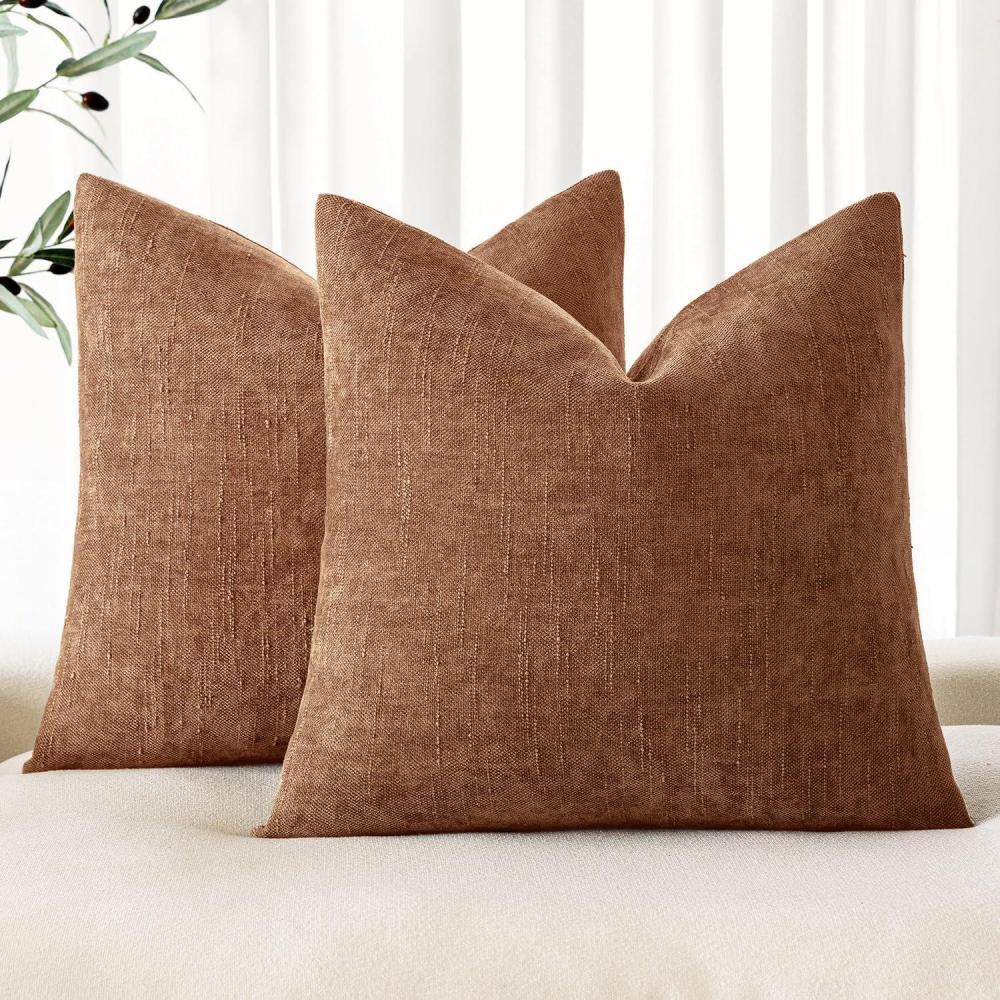 imageMIULEE Pack of 2 Decorative Throw Pillow Covers Soft Chenille Throw Pillows Solid Textured Cushion Covers for Couch Sofa Bedroom Living Room 18x18 Inch BeigeBeaver Fur