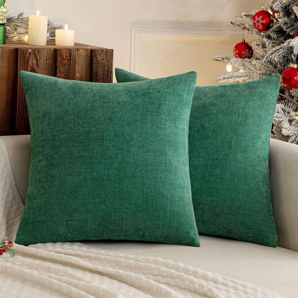 imageMIULEE Pack of 2 Decorative Throw Pillow Covers Soft Chenille Throw Pillows Solid Textured Cushion Covers for Couch Sofa Bedroom Living Room 18x18 Inch BeigeDark Green