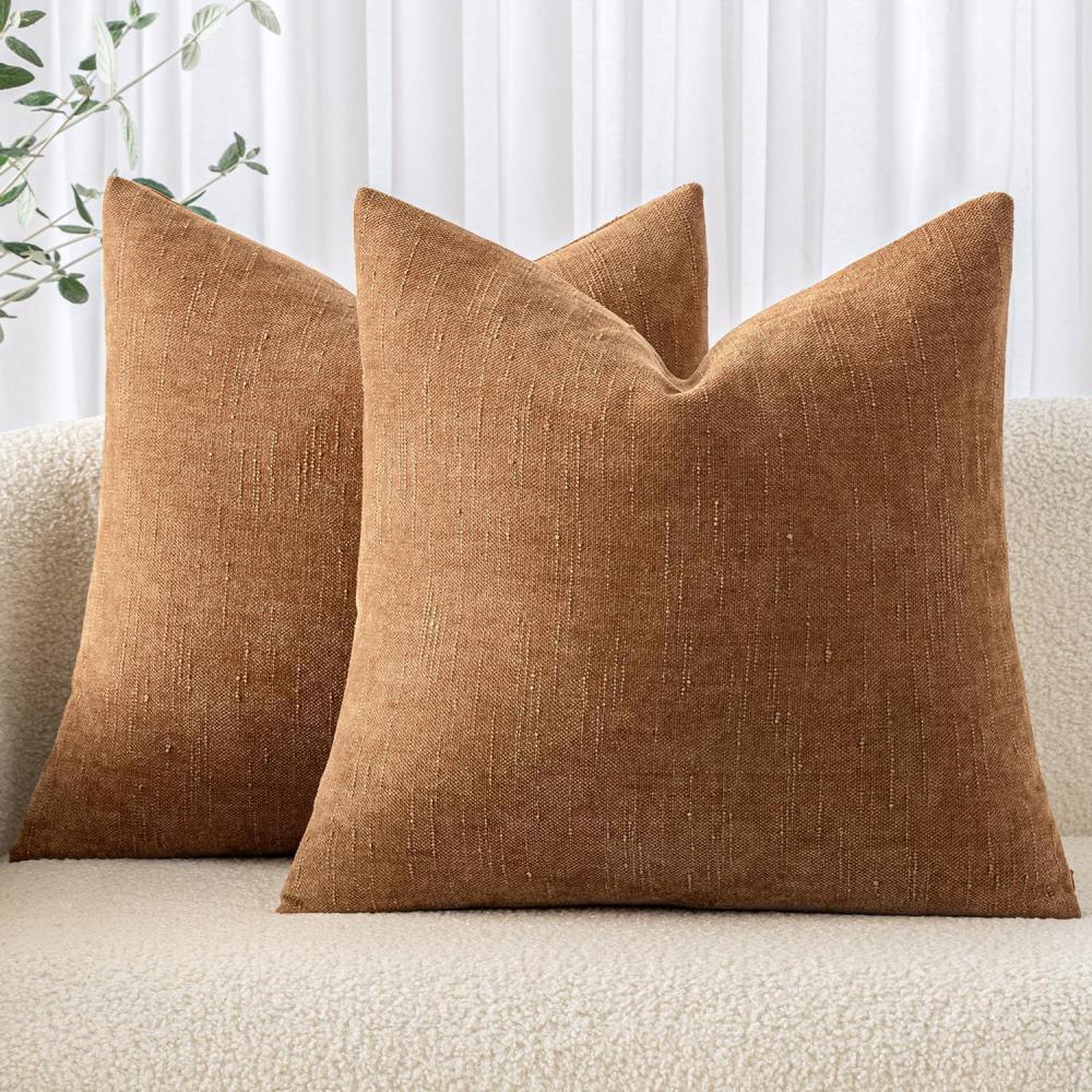 imageMIULEE Pack of 2 Decorative Throw Pillow Covers Soft Chenille Throw Pillows Solid Textured Cushion Covers for Couch Sofa Bedroom Living Room 18x18 Inch BeigeBrown