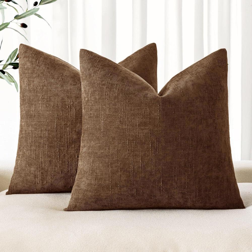 imageMIULEE Pack of 2 Decorative Throw Pillow Covers Soft Chenille Throw Pillows Solid Textured Cushion Covers for Couch Sofa Bedroom Living Room 18x18 Inch BeigeToffee