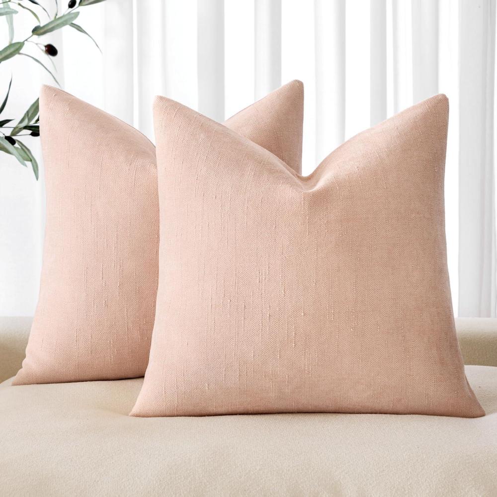 imageMIULEE Pack of 2 Decorative Throw Pillow Covers Soft Chenille Throw Pillows Solid Textured Cushion Covers for Couch Sofa Bedroom Living Room 18x18 Inch BeigePink