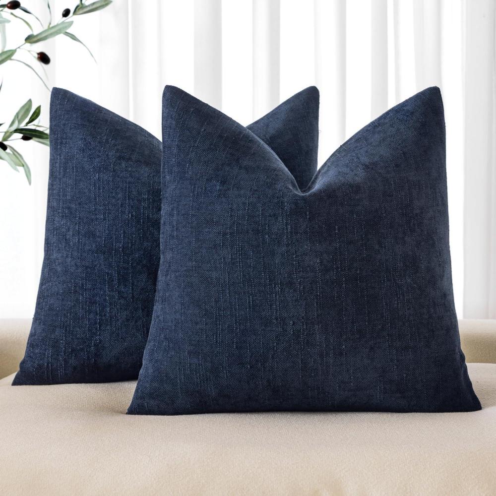 imageMIULEE Pack of 2 Decorative Throw Pillow Covers Soft Chenille Throw Pillows Solid Textured Cushion Covers for Couch Sofa Bedroom Living Room 18x18 Inch BeigeDark Blue