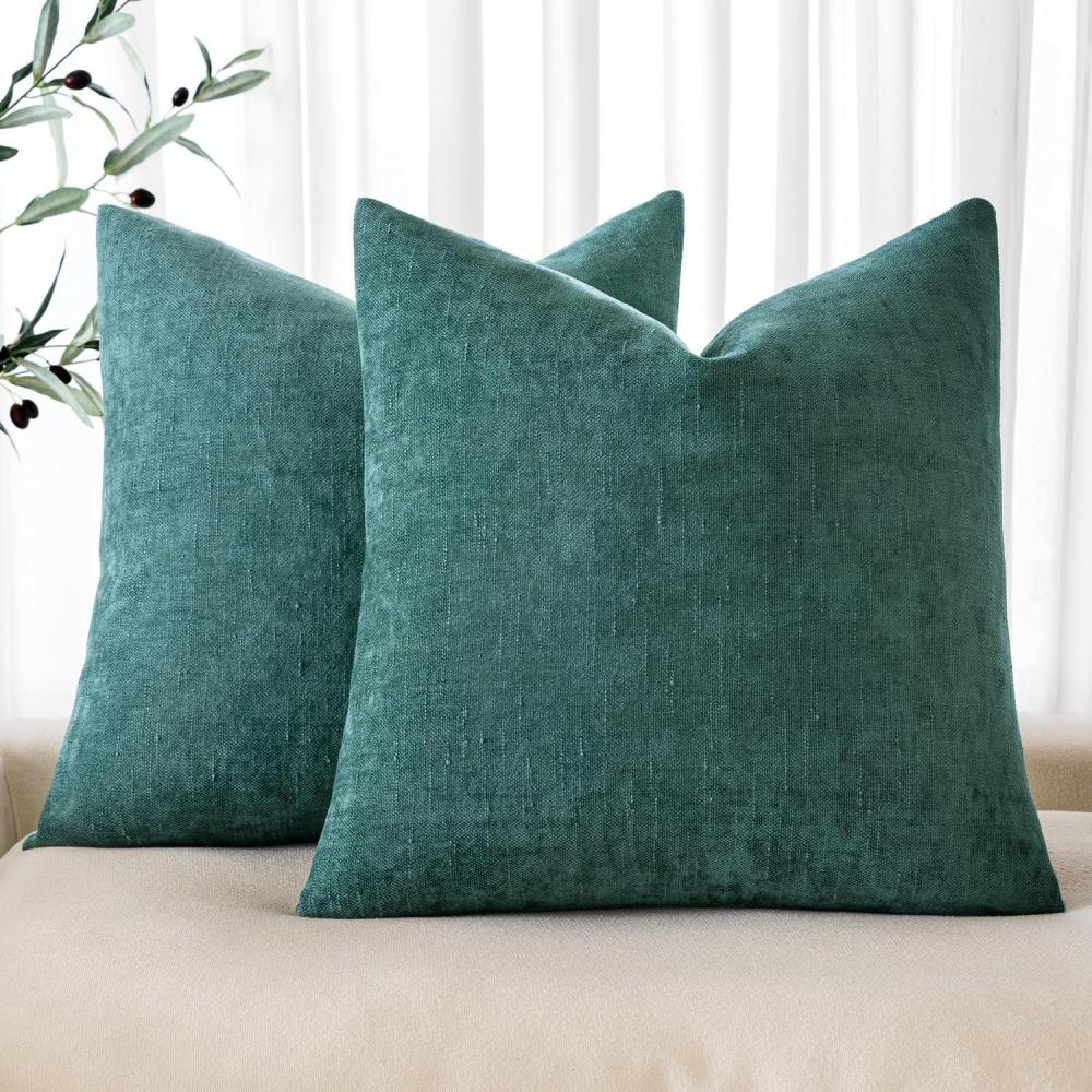 imageMIULEE Pack of 2 Decorative Throw Pillow Covers Soft Chenille Throw Pillows Solid Textured Cushion Covers for Couch Sofa Bedroom Living Room 18x18 Inch BeigeTeal