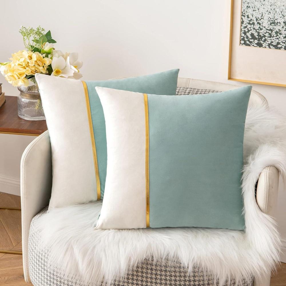 imageMIULEE Pack of 2 Decorative Velvet Throw Pillow Covers Patchwork with Gold Leather Square Soft Solid Pillowcases Couch Pillows Cushion Covers for Bed Sofa Living Room 18 X 18 Inch Aqua Green