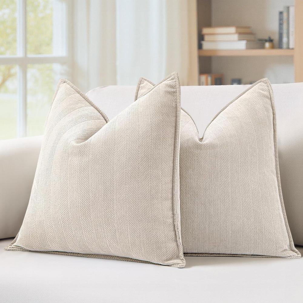 imageMIULEE Pack of 2 Moss Green Decorative Pillow Covers 18x18 Inch Soft Chenille Luxurious Couch Throw Pillows Farmhouse Cushion Covers with Elegant Design for Sofa Bedroom Living Room Spring Home DecorCream Beige