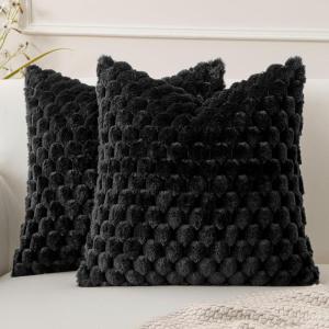MIULEE Hot Pink Faux Fur Decorative Throw Pillow Covers 20×20 Inch Set of 2 Super Soft Cozy Plush Cushion Cases Luxury Fluffy Pillowcases for Sofa Couch Bed Living Room(Black)