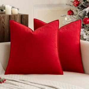 MIULEE Pack of 2 Christmas Decorative Velvet Throw Pillow Cover Soft Army Green Pillow Cover Solid Square Cushion Case for Winter Sofa Bedroom Car 18x 18 Inch 45x 45cm(Bright Red)