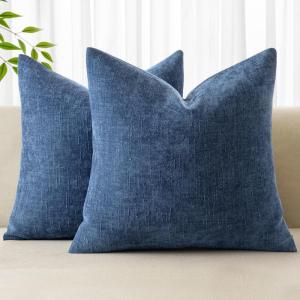 MIULEE Pack of 2 Decorative Throw Pillow Covers Soft Chenille Throw Pillows Solid Textured Cushion Covers for Couch Sofa Bedroom Living Room 18×18 Inch, Beige(Navy Blue)