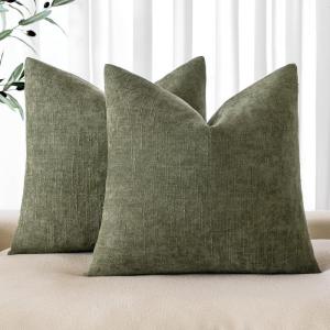 MIULEE Pack of 2 Decorative Throw Pillow Covers Soft Chenille Throw Pillows Solid Textured Cushion Covers for Couch Sofa Bedroom Living Room 18×18 Inch, Beige(Olive Green)
