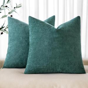 MIULEE Pack of 2 Decorative Throw Pillow Covers Soft Chenille Throw Pillows Solid Textured Cushion Covers for Couch Sofa Bedroom Living Room 18×18 Inch, Beige(Teal)