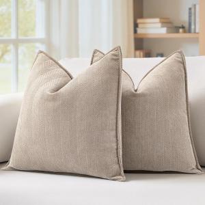 MIULEE Pack of 2 Moss Green Decorative Pillow Covers 18×18 Inch Soft Chenille Luxurious Couch Throw Pillows Farmhouse Cushion Covers with Elegant Design for Sofa Bedroom Living Room Spring Home Decor(Beige)
