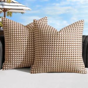 MIULEE Pack of 2 Outdoor Throw Pillow Covers Decorative Farmhouse Square Waterproof Pillows for Tent Patio Garden Balcony Sofa, 18×18 Inch Brown(Brown)