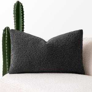 MIULEE Textured Boucle Throw Pillow Cover Brown Accent Solid Lumbar Pillow Case Decorative Vintage Soft Pack of 1 Couch Cushion Mid Century Chair Sofa Bedroom Livingroom Home Decor,12×20 Inch(Black)