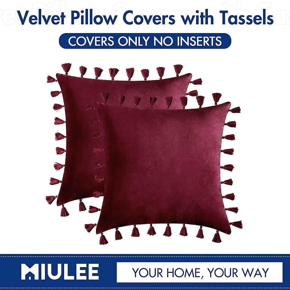 imageMIULEE Pack of 2 Christmas Velvet Soft Solid Decorative Throw Pillow Cover with Tassels Wine Red Fringe Boho Accent Cushion Case for Couch Sofa Bed 18 x 18 Inch