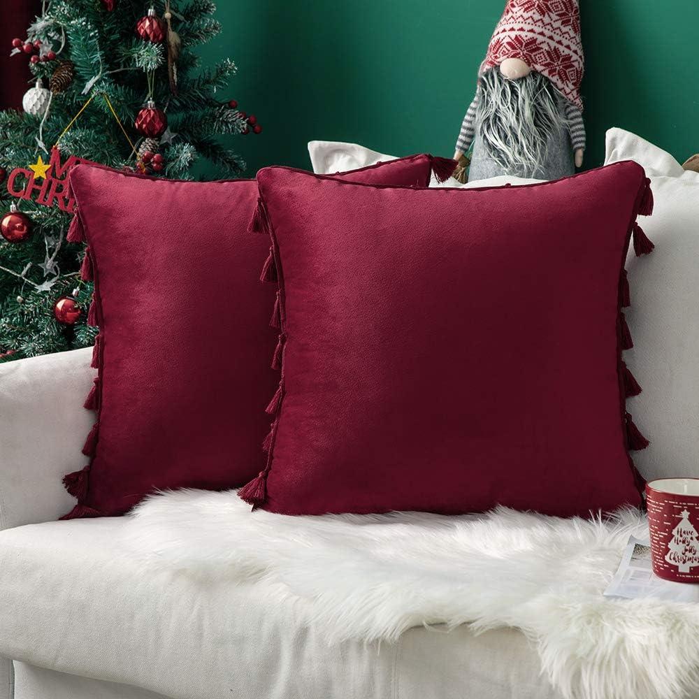 imageMIULEE Pack of 2 Christmas Velvet Soft Solid Decorative Throw Pillow Cover with Tassels Wine Red Fringe Boho Accent Cushion Case for Couch Sofa Bed 18 x 18 Inch