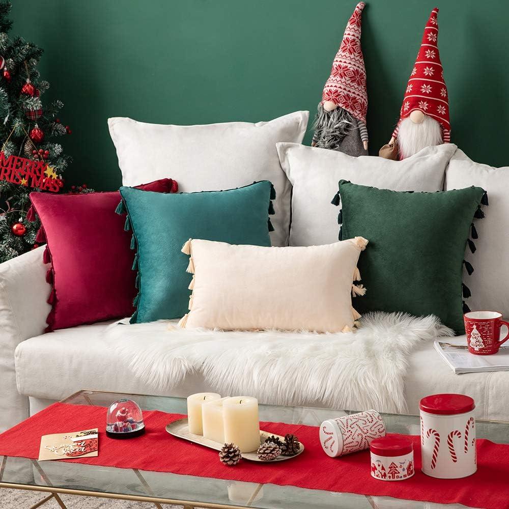 imageMIULEE Pack of 2 Christmas Velvet Soft Solid Decorative Throw Pillow Cover with Tassels Wine Red Fringe Boho Accent Cushion Case for Couch Sofa Bed 18 x 18 Inch