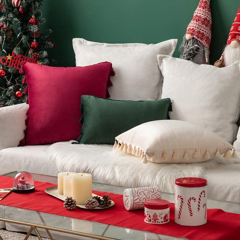 imageMIULEE Pack of 2 Christmas Velvet Soft Solid Decorative Throw Pillow Cover with Tassels Wine Red Fringe Boho Accent Cushion Case for Couch Sofa Bed 18 x 18 Inch