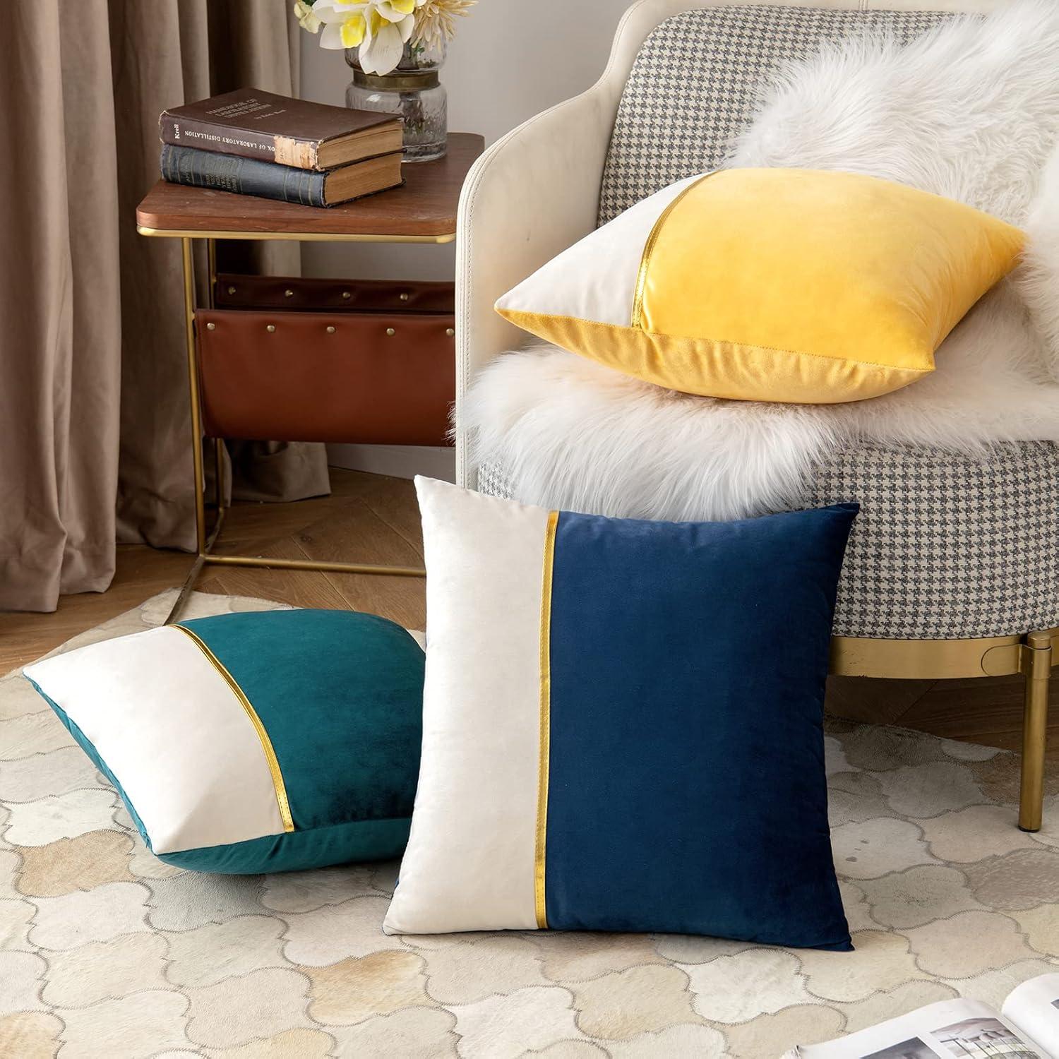 imageMIULEE Pack of 2 Decorative Velvet Throw Pillow Covers Patchwork with Gold Leather Square Soft Solid Pillowcases Couch Pillows Cushion Covers for Bed Sofa Living Room 18 X 18 Inch Dark Blue