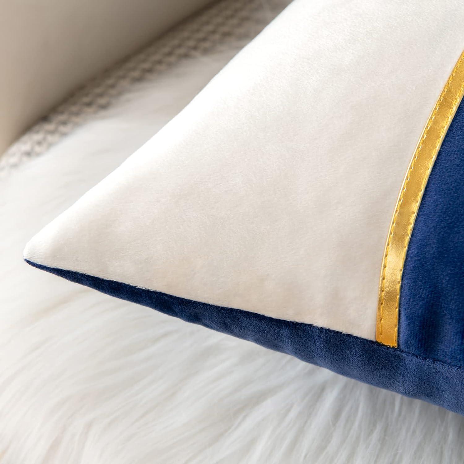 imageMIULEE Pack of 2 Decorative Velvet Throw Pillow Covers Patchwork with Gold Leather Square Soft Solid Pillowcases Couch Pillows Cushion Covers for Bed Sofa Living Room 18 X 18 Inch Dark Blue