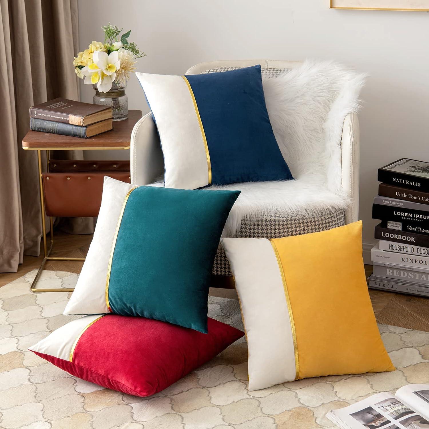 imageMIULEE Pack of 2 Decorative Velvet Throw Pillow Covers Patchwork with Gold Leather Square Soft Solid Pillowcases Couch Pillows Cushion Covers for Bed Sofa Living Room 18 X 18 Inch Dark Blue