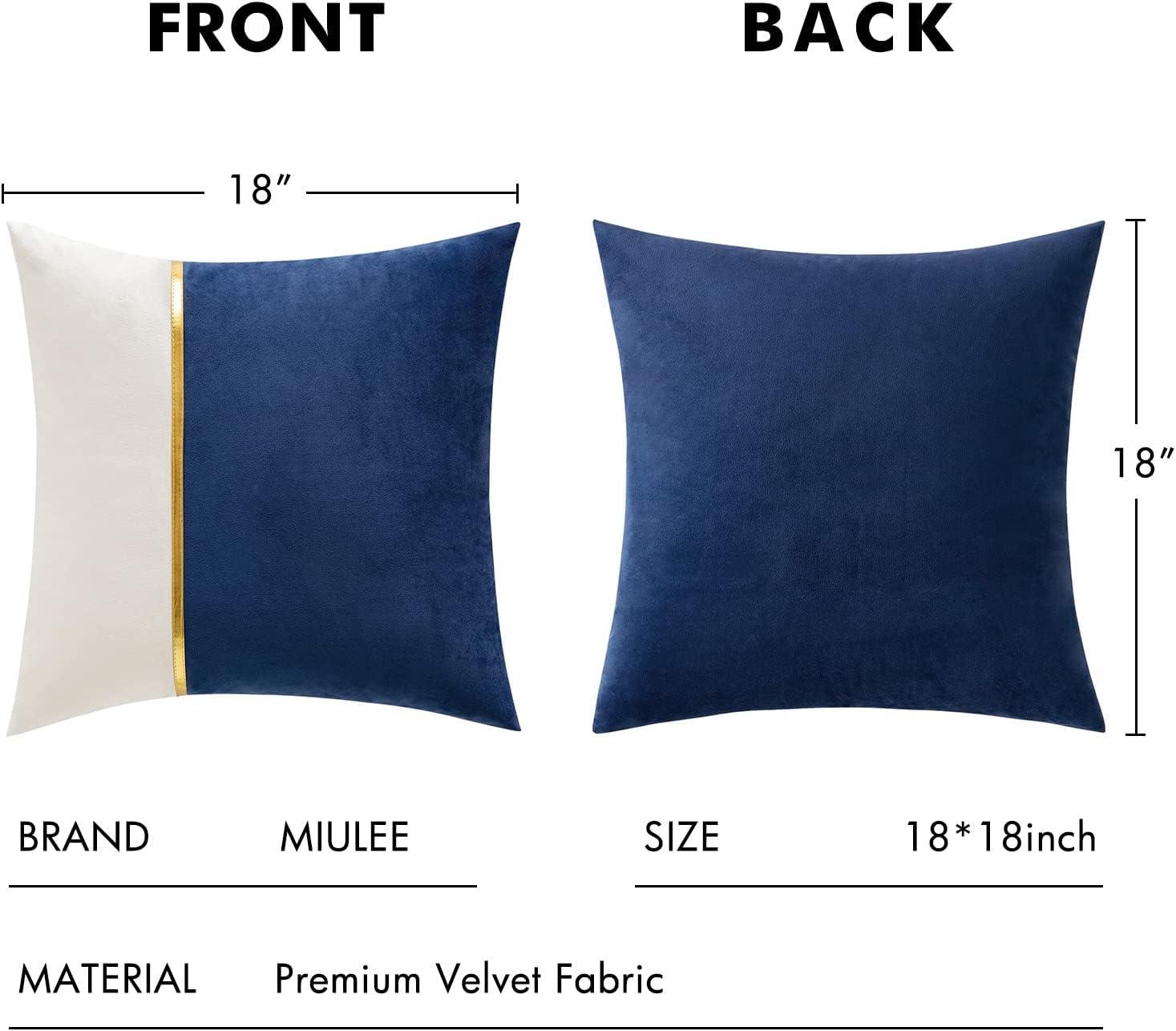imageMIULEE Pack of 2 Decorative Velvet Throw Pillow Covers Patchwork with Gold Leather Square Soft Solid Pillowcases Couch Pillows Cushion Covers for Bed Sofa Living Room 18 X 18 Inch Dark Blue