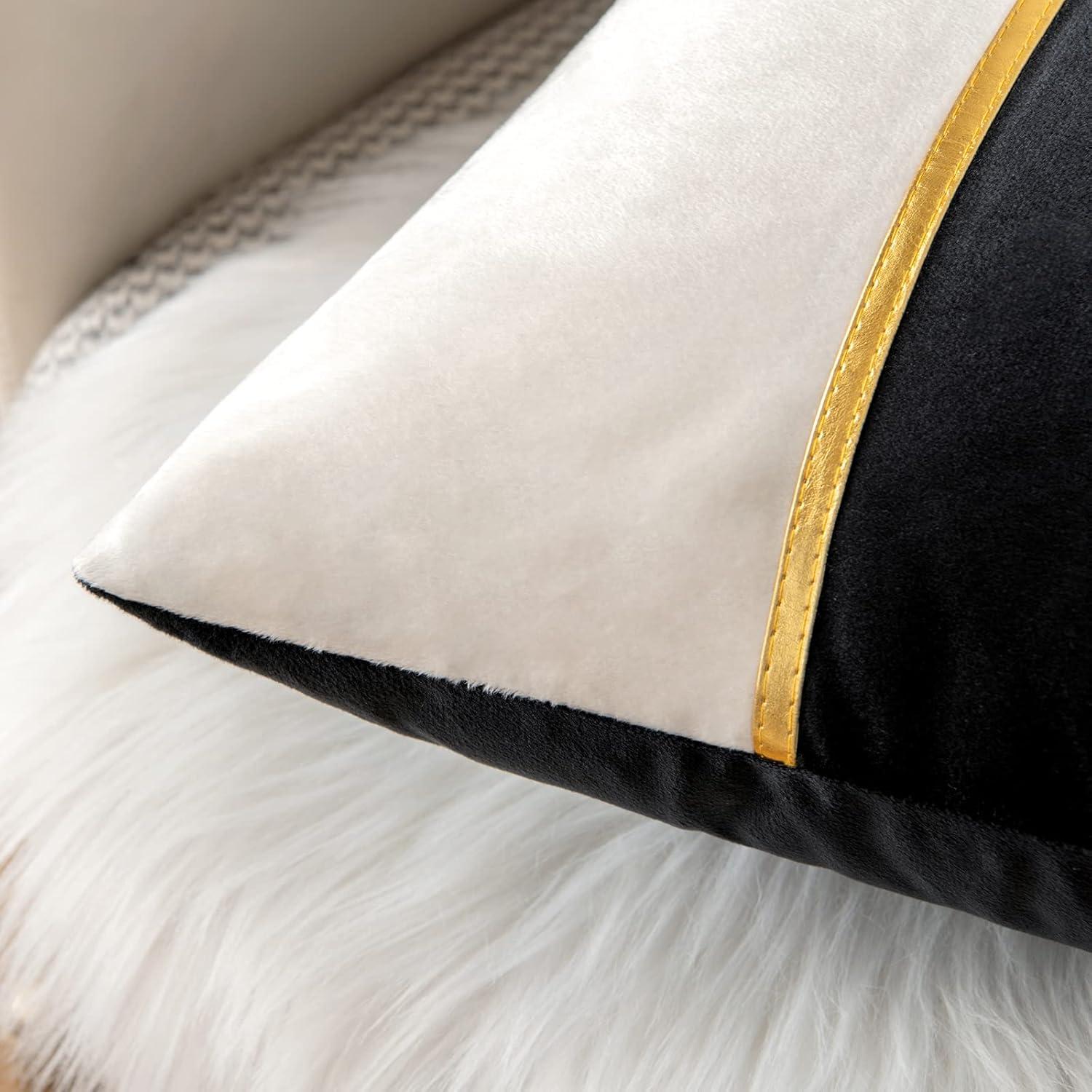 imageMIULEE Pack of 2 Halloween Decorative Velvet Throw Pillow Covers Patchwork with Gold Leather Square Soft Solid Pillowcases Couch Pillows Cushion Covers for Bed Sofa Living Room 18 X 18 Inch Black