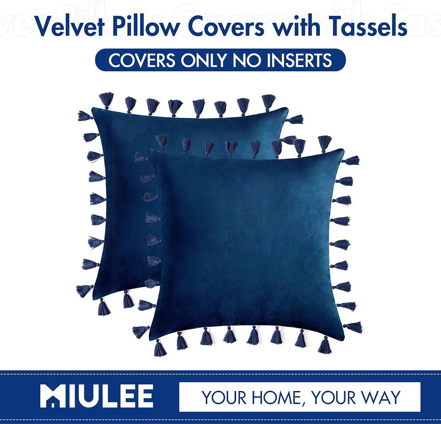 imageMIULEE Pack of 2 Velvet Soft Solid Decorative Throw Pillow Cover with Tassels Fringe Boho Accent Cushion Case for Couch Sofa Bed 18 x 18 Inch Navy Blue
