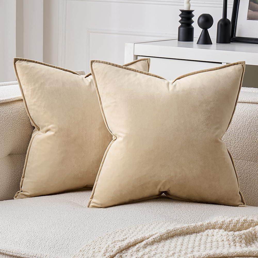 imageMIULEE Pack of 2 Christmas Decorative Velvet Throw Pillow Cover Soft Pillowcase Solid Square Cushion Case for Winter Sofa Bedroom Car 20x20 Inch 50x50 Cm Army GreenBeige