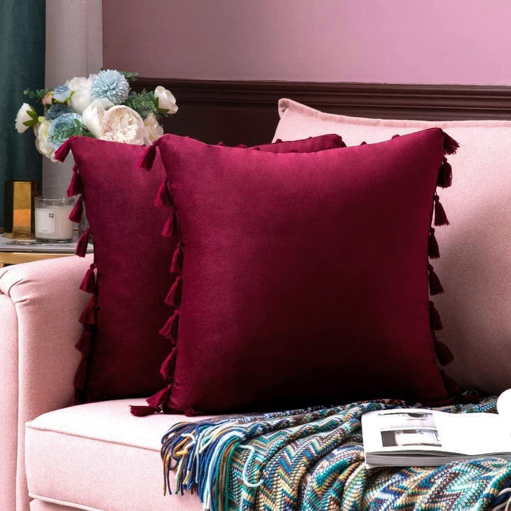 imageMIULEE Pack of 2 Christmas Velvet Soft Solid Decorative Throw Pillow Cover with Tassels Wine Red Fringe Boho Accent Cushion Case for Couch Sofa Bed 18 x 18 Inch