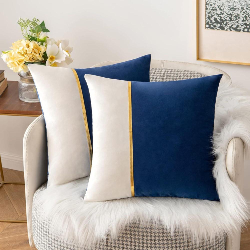 imageMIULEE Pack of 2 Decorative Velvet Throw Pillow Covers Patchwork with Gold Leather Square Soft Solid Pillowcases Couch Pillows Cushion Covers for Bed Sofa Living Room 18 X 18 Inch Dark Blue