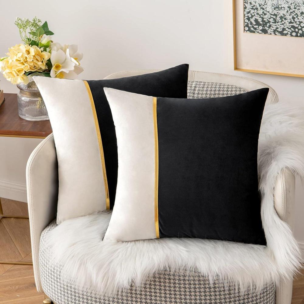 imageMIULEE Pack of 2 Halloween Decorative Velvet Throw Pillow Covers Patchwork with Gold Leather Square Soft Solid Pillowcases Couch Pillows Cushion Covers for Bed Sofa Living Room 18 X 18 Inch Black