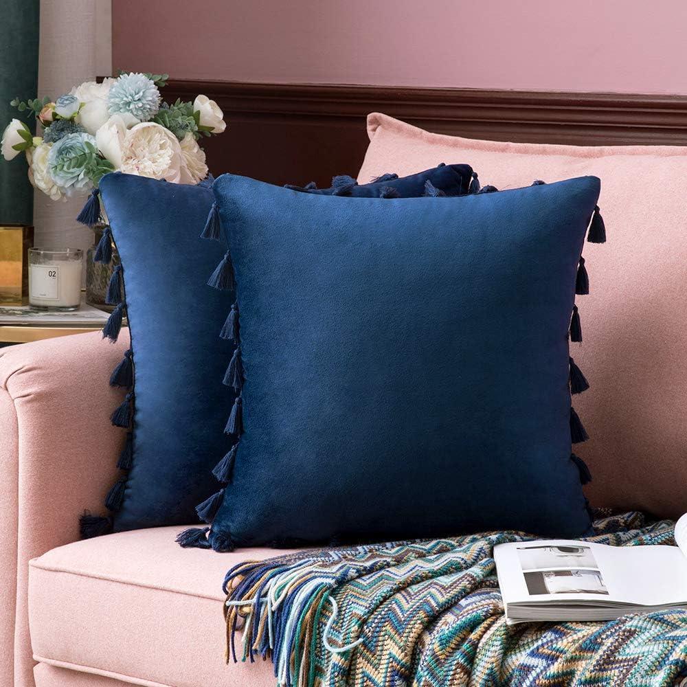 imageMIULEE Pack of 2 Velvet Soft Solid Decorative Throw Pillow Cover with Tassels Fringe Boho Accent Cushion Case for Couch Sofa Bed 18 x 18 Inch Navy Blue