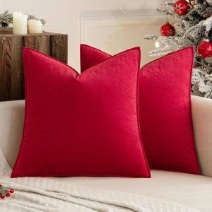 MIULEE Pack of 2 Christmas Decorative Velvet Throw Pillow Cover Soft Pillowcase Solid Square Cushion Case for Winter Sofa Bedroom Car 20×20 Inch 50×50 Cm Army Green(Red)
