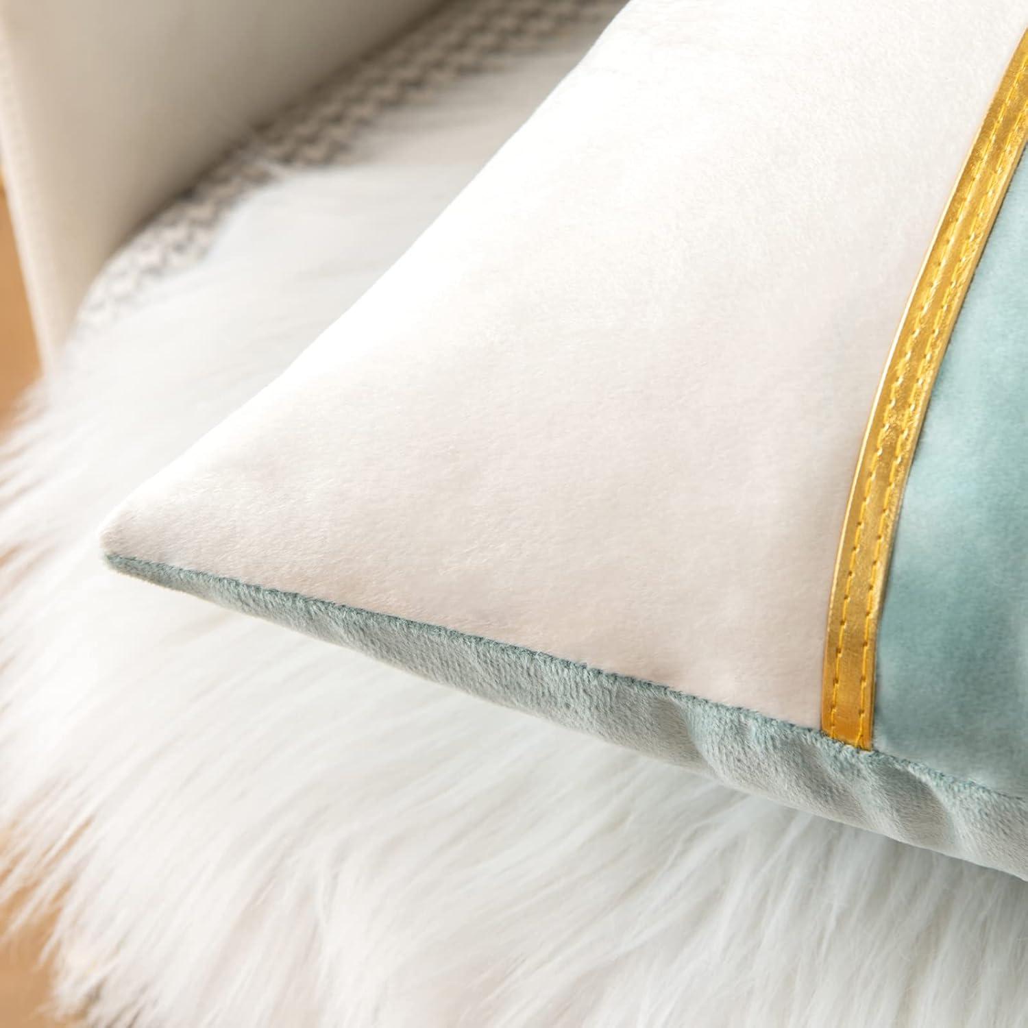 imageMIULEE Pack of 2 Decorative Patchwork Velvet Throw Pillow Covers with Gold Leather Square Soft Solid Pillowcases Couch Pillows Cushion Covers for Bed Sofa Living Room 20 X 20 Inch Aqua Green