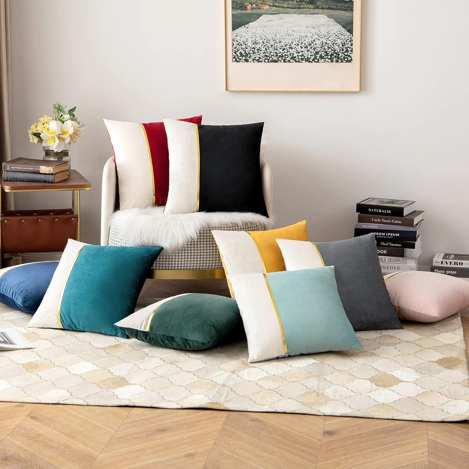 imageMIULEE Pack of 2 Decorative Patchwork Velvet Throw Pillow Covers with Gold Leather Square Soft Solid Pillowcases Couch Pillows Cushion Covers for Bed Sofa Living Room 20 X 20 Inch Aqua Green