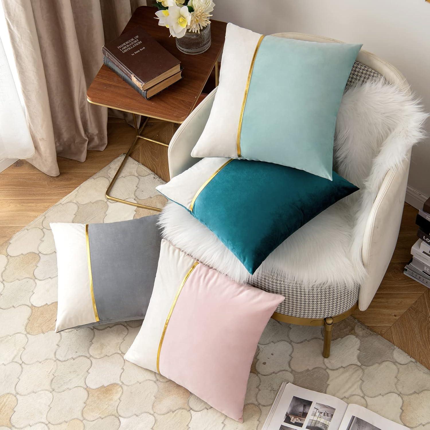 imageMIULEE Pack of 2 Decorative Patchwork Velvet Throw Pillow Covers with Gold Leather Square Soft Solid Pillowcases Couch Pillows Cushion Covers for Bed Sofa Living Room 20 X 20 Inch Aqua Green