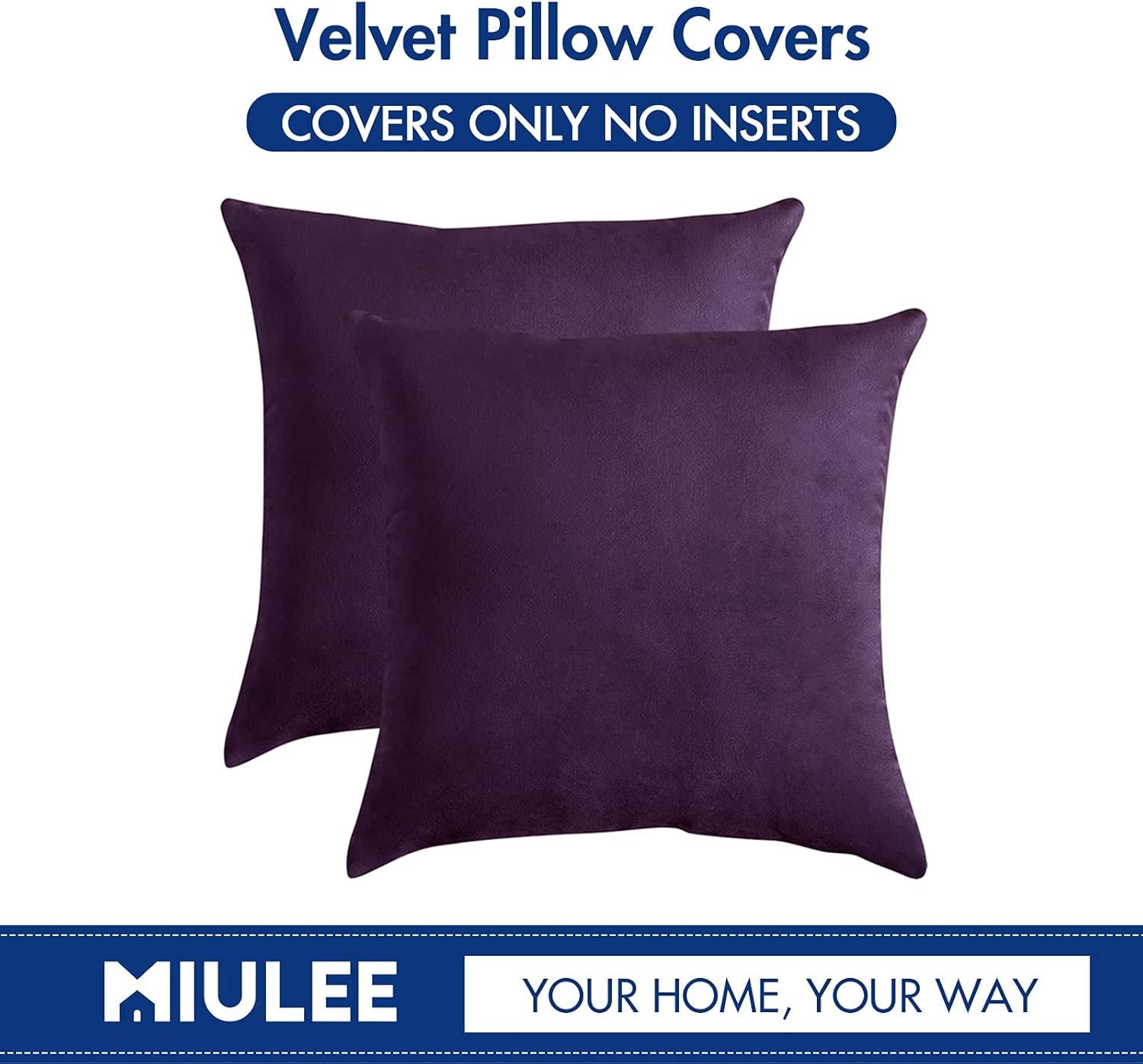 imageMIULEE Pack of 2 Velvet Pillow Covers Decorative Square Pillowcase Soft Solid Cushion Case for Sofa Bedroom Car 14 x 14 Inch Eggplant Purple