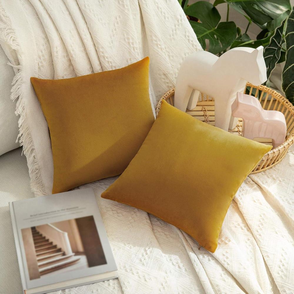 imageMIULEE Pack of 2 Velvet Pillow Covers Decorative Square Pillowcase Soft Solid Cushion Case for Fall Sofa Bedroom Car 14x14 Inch Gold